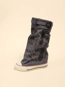 Women's Fashion Mid Calf Boots-Graffiti Print Canvas With Buckle Design-Round Toe-Breathable Lining- Distressed Sole-Versatile Stylish Footwear For Daily & Streetwear - 灰色 - 查看 12