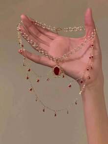 1pc Vintage Fashion Butterfly Crystal Layered Tassel Necklace For Women - 紅色 - 查看 5