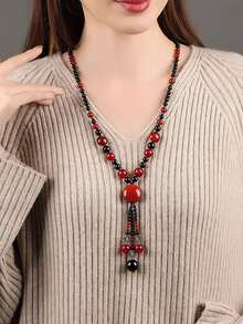 1 chiếc mặt dây chuyền dây chuyền áo len bằng đá mã não đỏ đen dành cho nữ - Đỏ - Xem 2