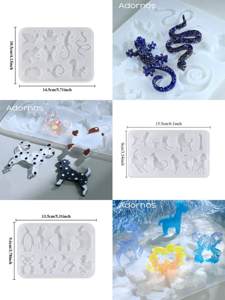 1 khuôn silicon, dùng để đổ nhựa epoxy, khuôn hình thằn lằn, rắn, nhím, thỏ, hươu, chim cánh cụt, sư tử, hươu cao cổ, chó, khuôn nhựa epoxy tự làm mặt dây chuyền, khuôn hình ốc sên, ếch, thích hợp cho các vật liệu làm mặt dây chuyền bằng nhựa epoxy.