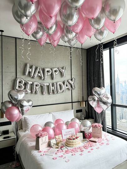 65pcs Pink Birthday Decoration Set | Happy Birthday Banner + Silver Heart Foil Balloons | Pearl Pink + Macaron Pink + Silver Metallic Thickened Latex Balloons | Pink Artificial Flower Petals | Suitable For Women's 18th, 20th, 25th, 30th, 40th Birthday Decoration, Princess Theme Birthday Party Decoration, Wall Backdrop, Anniversary, Adult Gift/Girlfriend Birthday, Birthday Room Decor, Influencer Photo Background