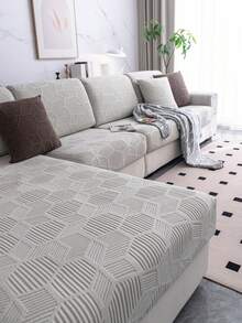 1pc Solid Color Striped Sofa Slipcover, Modern Minimalist Sofa Seat Cushion Cover, All Season Use, Non-Slip Anti-Dust Fixed Sofa Cover, High Elasticity, Wear-Resistant, Wrinkle-Resistant, Comfortable, Machine Washable, Anti-Pilling, Non-Deformation, Non-Fading, Anti-Cat Scratch, Anti-Stain, Sofa Makeover, Sofa Decoration, Enhance Ambiance, Fit 1-4 Seater, L-Shaped Sofa - Light Grey - View 5