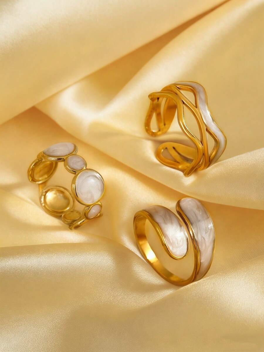 Bộ 3 chiếc nhẫn thép titan vẽ tay bất đối xứng, thiết kế độc đáo, phù hợp cho nữ giới đeo hàng ngày. - Bộ nhẫn - Xem 1