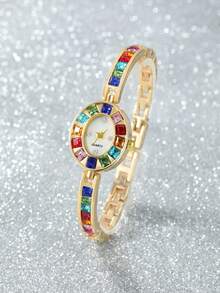 This Brand New High-End Ladies' Watch Features A Stainless Steel Strap And Is Inlaid With Colorful Zirconia Stones. Classic And Elegant, Multi-Functional, Exquisite Quartz Watch, Suitable For Daily Life, Business Occasions, Parties, Back-To-School Season, Birthdays, Anniversaries And Other Special Occasions. - Gold - View 2