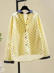 New Design Patchwork Collar Yellow Polka Dot Shirt, Women Long Sleeve Casual Loose Ageless Versatile Everyday Blouse Spring - Yellow - View 7