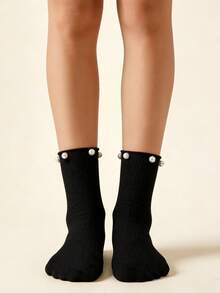 1双黑色罗纹针织小腿袜，饰有仿珍珠，高弹柔软透气，优雅别致甜美风格，百搭日常休闲、约会、通勤等各种场合的穿搭。 - 彩色 - 查看 5