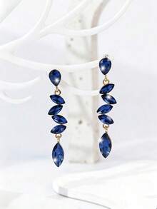 1 Par de Brincos Longos Elegantes com Aplicação de Strass para Mulheres, Adequado para Uso Diário - Azul 636 - Visão 3