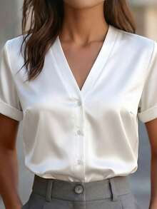 Áo kiểu nữ cổ chữ V dáng rộng, màu trắng tinh, thích hợp cho công sở, đi làm, mặc hàng ngày, đi nghỉ mát, mùa xuân/hè. - trắng - Xem 3