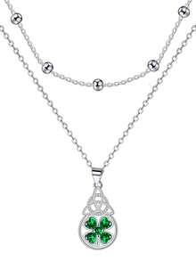 1pc European And American Celtic Knot Necklace, Double-Layer Four-Leaf Clover Pendant Necklace With Zirconia, Fashionable Elegant Luxury Clavicle Chain Suitable For Women's Daily, Party, Vacation, Holiday Decoration - Necklace - View 2