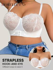 Morelect Plus Size Women Lace Underwire Bra, Front Closure, Lift & Support, Padded Cup - White - View 5