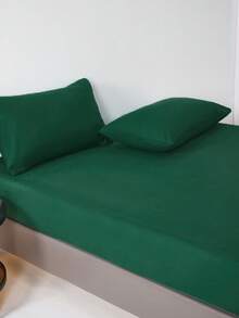 3pcs Soft & Comfortable Brushed Woven Fitted Sheet Set (1*Fitted Sheet + 2*Pillowcases), Olive Green, Suitable For Bedroom, Guest Room, All Season, Machine Washable - Dark Green - View 4