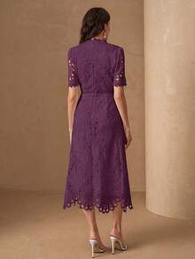 Elegant Back Zipper Round Neck Lace Patchwork Fitted Slim Luxury Dress For Women Summer - Purple - View 2