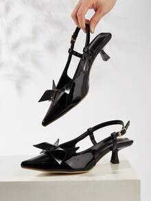 Women's Fashion Pointed Toe Slingback Bowknot Backstrap High Heel Pumps For Party & Occasion - Black - View 2