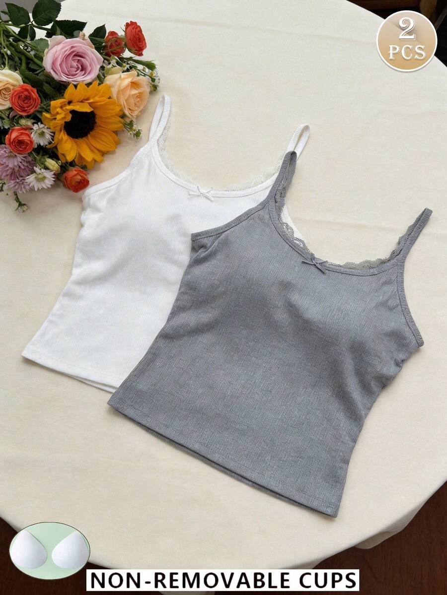 2件装女士时尚舒适简约蕾丝吊带背心,带蝴蝶结,露脐吊带背心,夏季 - 彩色 - 查看 1