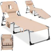 Tanning Chair With Face Hole, Folding Beach Lounge Chair With 4-Position Adjustable Backrest, Pillow & Side Pocket, Foldable Chaise Lounge Chair Outdoor For Sunbathing, Camping (1, Beige) - Be - Xem 7