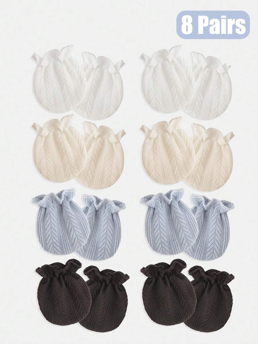 8 pares de manoplas sin arañazos para bebé - Suaves con patrón de espiga de trigo tejido (0-12 meses) Puño con volantes transpirable Artículos esenciales diarios unisex para recién nacidos en todas las estaciones - Blanco + Albaricoque + Azul + Negro - Ver 1