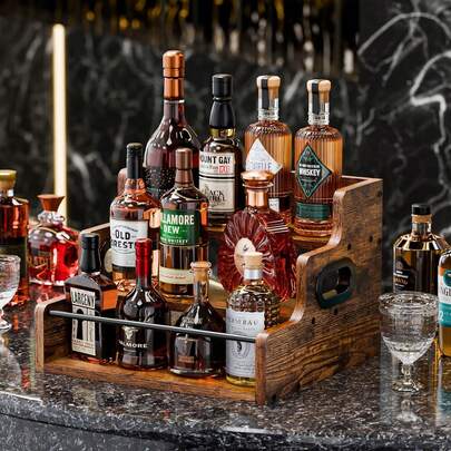 Solid Wood Liquor Bottle Display Shelf, Coffee Syrup Rack Organizer, 3 Step Countertop Liquor Wine Rack, Mini Bar, Liquor Cabinet, Home Retro Bar Shelf Stand For Liquor Whiskey, Spirits, Spice Rack