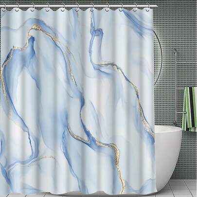 这款四分之一浴室浴帘套装采用浅蓝色、金色和墨纹大理石纹印花，展现“轻奢华简约”/“流动艺术”美学，防水耐用。套装包含12个挂钩，以及配套的马桶盖套、浴室地垫和地毯。是节日庆典、家居装饰和卧室的理想之选。