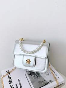 1个女童油性PU山茶花磁扣时尚珍珠手提包，配链条肩带，适合日常四季使用 - A - 查看 11