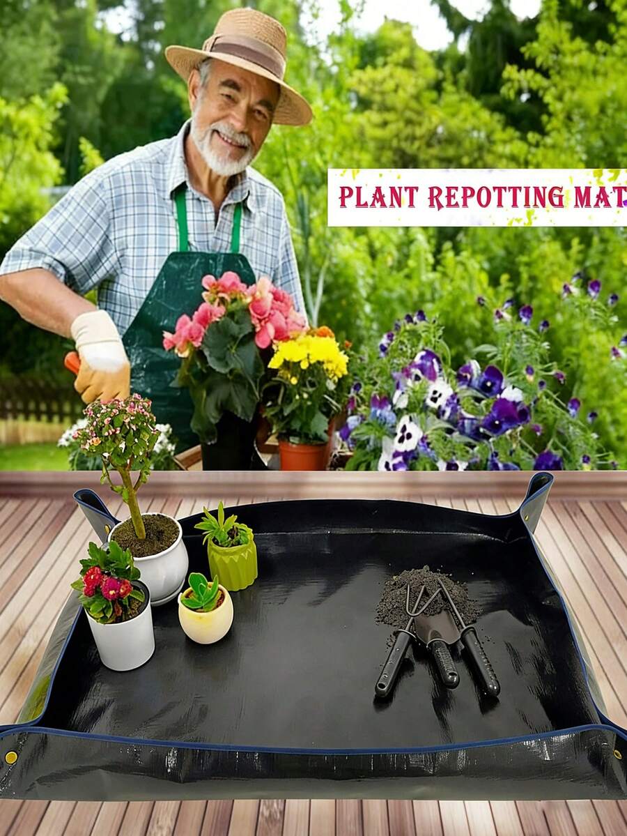 1pc Large Foldable Gardening Mat Black Plant Transplanting Pad, Foldable Portable Thickened Waterproof Gardening Mat, Indoor Succulent Plant Potting Transplanting Tray, Bonsai Tools, Gardening Accessories, Gardening Tools - Multicolor - View 1