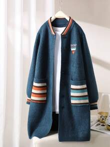 Collar Color-Block Mid-Length Cardigan Fall/ Winter New Arrival Korean Style Single-Breasted Loose-Fit Sweater Women's Outerwear - レッド - チェックする 5