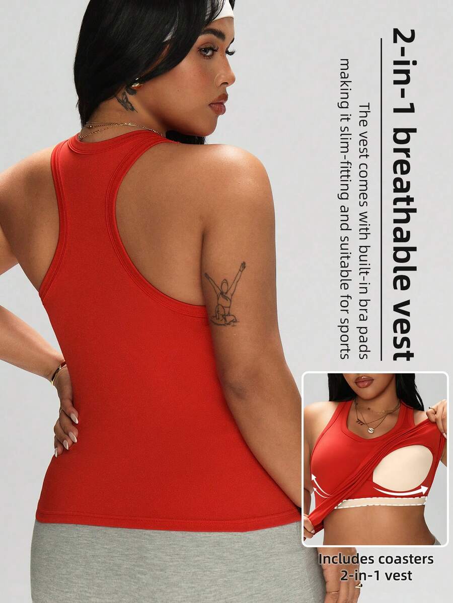 1pc Plus Size Women's Sports Tank Top, 2-In-1 Built-In Cup Racerback Tank Top, Slimming Workout Tank Top For Women - Red - View 1