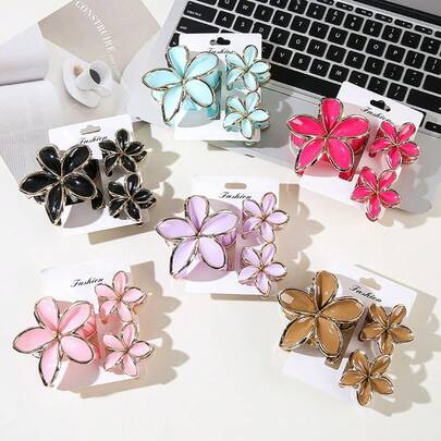 3pcs Women's Elegant Gold-Framed Redbud Flower Hair Clips, Suitable For Daily Hairstyles And Parties