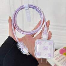 5件套紫色蝴蝶结白色珍珠设计充电配件套装（20W/18W），包括充电线保护套、充电器头保护套、兼容充电线保护套、充电器配件、手机配件 - 紫色 - 查看 2