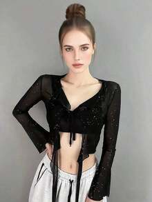 1pc Shiny Jazz Dance New Sexy Sequin Flowy Top, Belly Dance Chiffon Shawl Shoulder Sleeve Shawl, Hip Scarf, Waist Scarf, Skirt, Suitable For Stage Performance, Nightclub, Disco, Festival, Party, Banquet - 彩色 - 查看 9