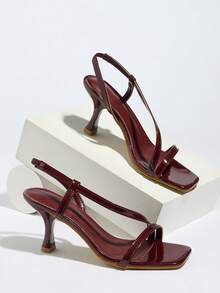 Women's Stiletto Heel Sandals With Ankle Strap, Square Toe Open Toe Party/Work Shoes, Elegant Comfortable Commuting Fashion High Heels, Backless Slingback Wine Red Sandals - Burgundy - View 4