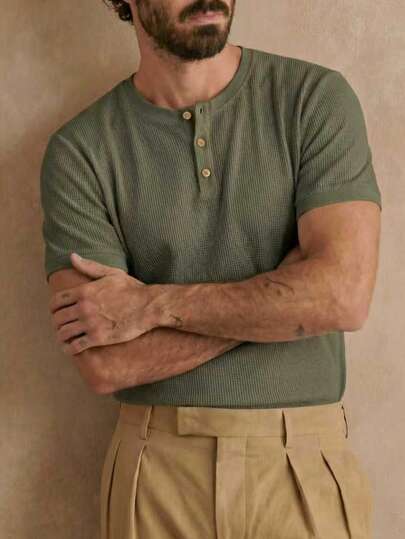 Men's Casual Solid Color Henley Neck Jacquard Waffle Short Sleeve Polo Shirt, Summer