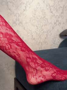 Quần tất ren hoa màu đỏ tía dành cho nữ, quần tất lưới xuyên thấu họa tiết gợi cảm màu đỏ. - Màu Đỏ Sâu - Xem 6
