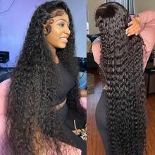 13x4 Inch HD Transparent Lace Front Wig, Water Wave Texture, Fluffy Bangs, 200% Density, 24 Inch Human Hair Wig - Natural Black - View 1