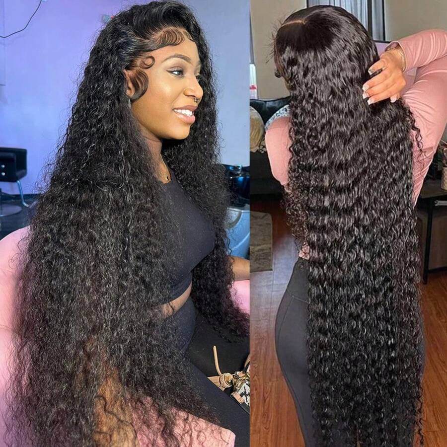 13x4 Inch HD Transparent Lace Front Wig, Water Wave Texture, Fluffy Bangs, 200% Density, 24 Inch Human Hair Wig - Natural Black - View 1