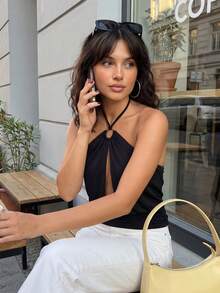 Women  Halter Tops Summer Cutout Metal Rings Ruched Tie Up Backless Shirts For Streetwear - Black - View 5