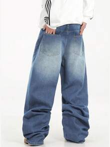 1 chiếc quần jeans nam Justice Brother dáng rộng, chất liệu denim đã qua xử lý, kiểu dáng thường ngày, ống rộng (không bao gồm thắt lưng và phụ kiện) - Rửa tối - Xem 3