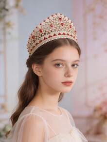 1pc Luxury Bridal Bridesmaid Crown Headpiece, Elegant Queen Style Rhinestone Zirconia Crown, Wedding Dress Accessory - Red - View 2