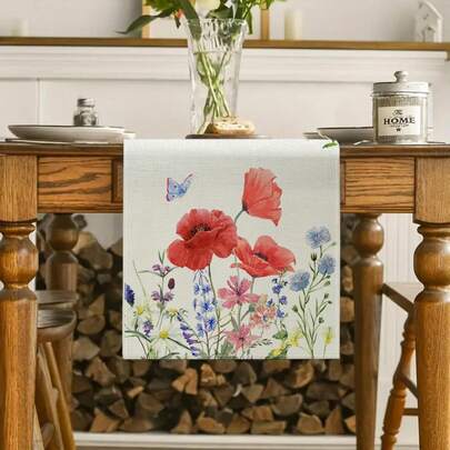 Summer Red Poppy Flower Tablecloth, Purple & Pink Wild Flower Decor For Kitchen, Dining Table, Indoor & Outdoor Home Party