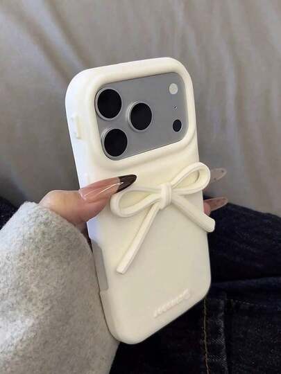 Bow-Knot Korean Ins Style White Bow Soft Silicone Phone Compatible With 17, 16 Pro, Compatible With 15 New, 14, 13, Anti-Fall Protective Cover, Unique Design