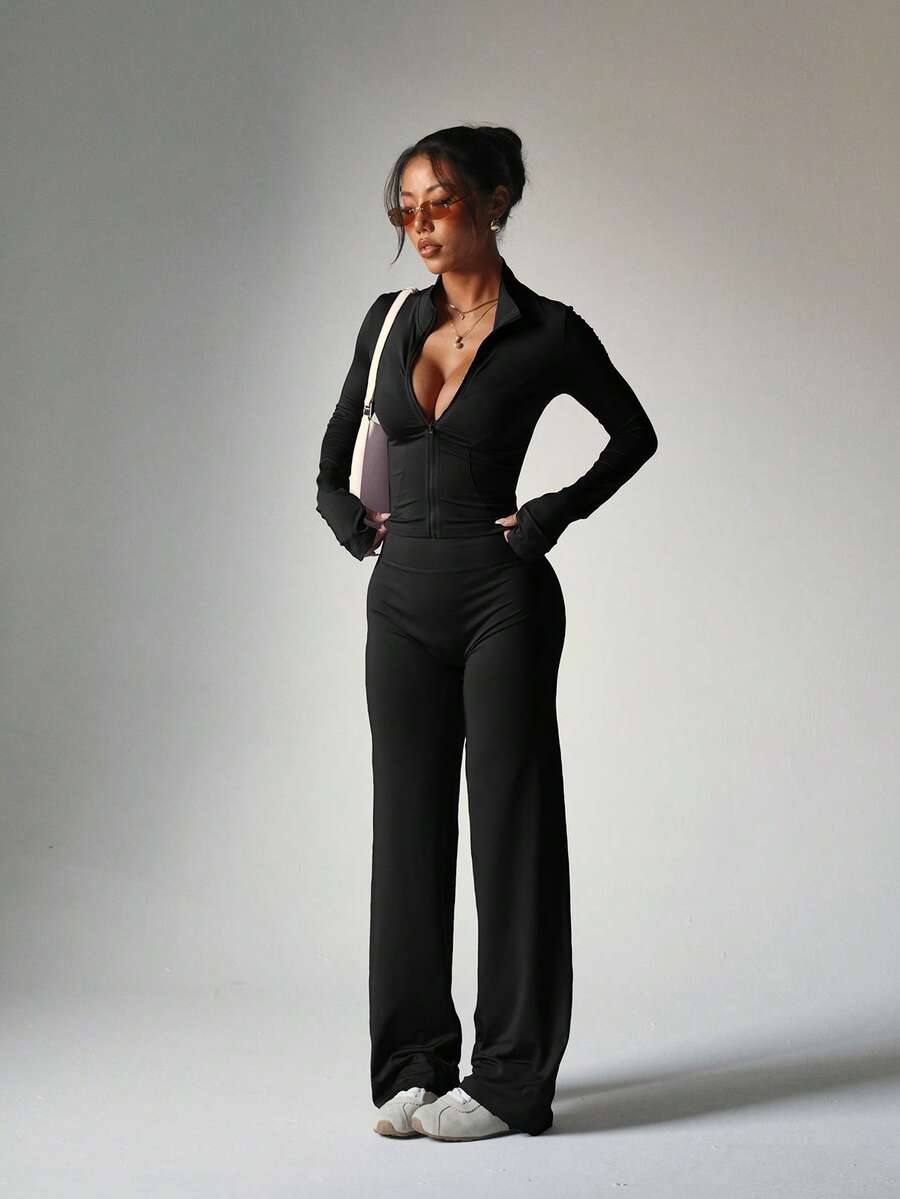 2pcs/Set Purple Zipper Fitted Long Sleeve Top + Loose Wide Leg Pants Yoga Outfit - Black - View 1