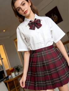 1pc Academic Style Loose All-Match JK Uniform Set, Including White Short Sleeve Top + Tie + Pleated Skirt, Suitable For School, Campus, Romantic Dates Spring - White - View 3