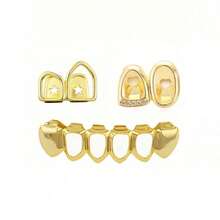 Bộ 3 món trang sức răng kẹp hình trái tim rỗng bằng đồng 14k, phong cách Y2K Grillz, thích hợp cho Ngày Valentine và Halloween, dành cho nữ. - Nhiều màu - Xem 2