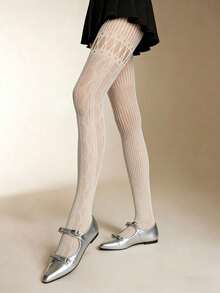 1 Pair White Fishnet Stockings With AB Vertical Stripe Jacquard, Sexy Contrast Mesh Over-The-Knee Socks, Suitable For Wedding Season And Daily Wear - Multicolor - View 9