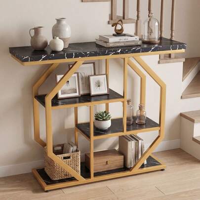  COSTWAY 100CM Console Table, 4-Tier Modern Entryway Table W/ Storage Shelves, Faux Marble Behind Couch Sofa Table W/ Geometric Metal Frame, Accent Foyer Table For Hallway, Living Room, Entrance, Black