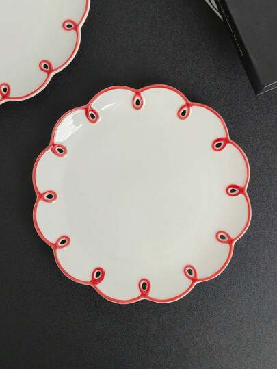 Cabin Kangaroo 1pc Vintage Red Edge Hollow Flower Ceramic Plate, Elegant Dessert Plate, Aesthetic Tableware For Afternoon Tea & Food Photography
