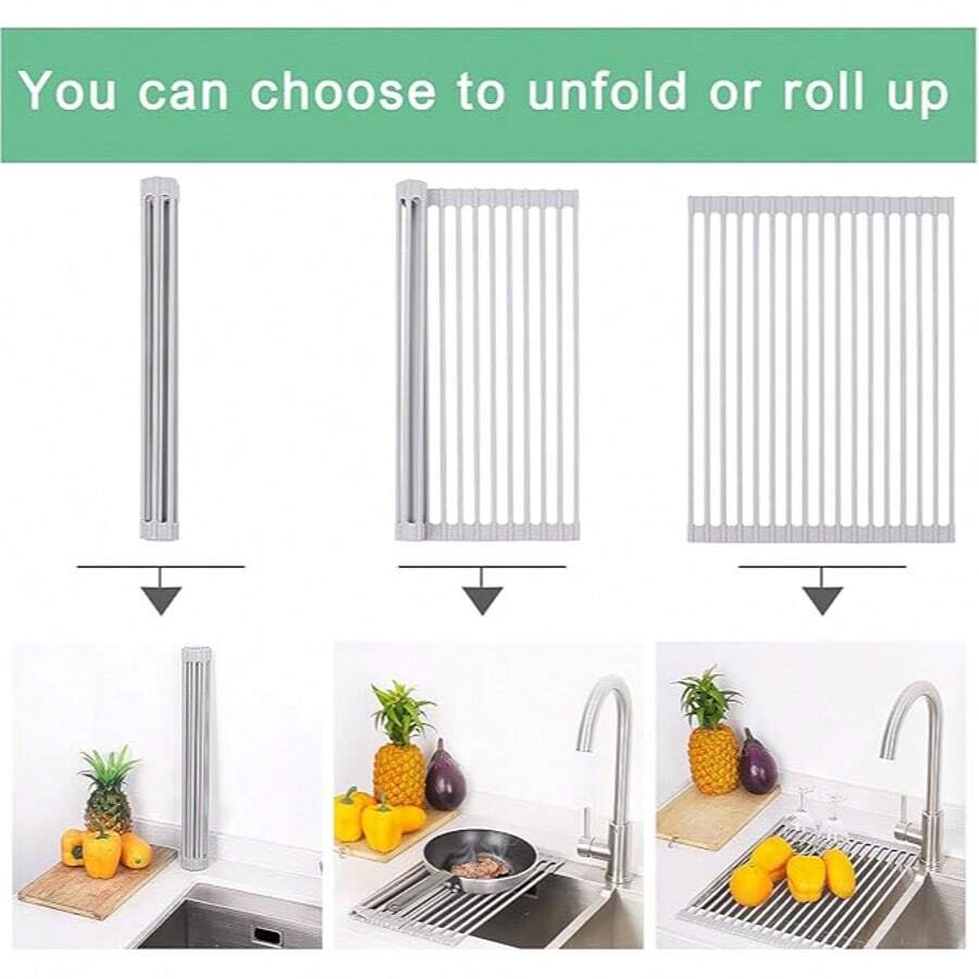 Over Sink Dish Drying Rack, Multipurpose Roll Up Dish Drying Rack, Foldable Silicone Coated Rolling Sink Rack Mat Stainless Steel Dish Drainer For Kitchen (17.5''x13'') Grey