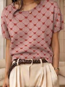 Áo nữ mùa hè, áo kiểu dệt kim in hình trái tim và kim cương, cổ tròn, tay ngắn, phong cách retro ngọt ngào, trang phục thường ngày đa năng. - Nhiều màu - Xem 5