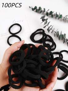 100 piezas/paquete Lazos de cabello negros grandes, bandas de cabello gruesas sin costuras, adecuadas para niñas, sujetadores de coleta elásticos, no dañinos, aptos para cabello grueso y rizado, accesorios para el cabello, bandas de goma - Negro - Ver 6