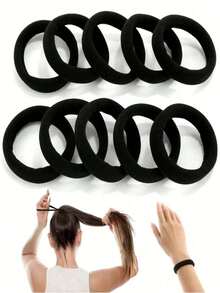100 piezas/paquete Lazos de cabello negros grandes, bandas de cabello gruesas sin costuras, adecuadas para niñas, sujetadores de coleta elásticos, no dañinos, aptos para cabello grueso y rizado, accesorios para el cabello, bandas de goma - Negro - Ver 1
