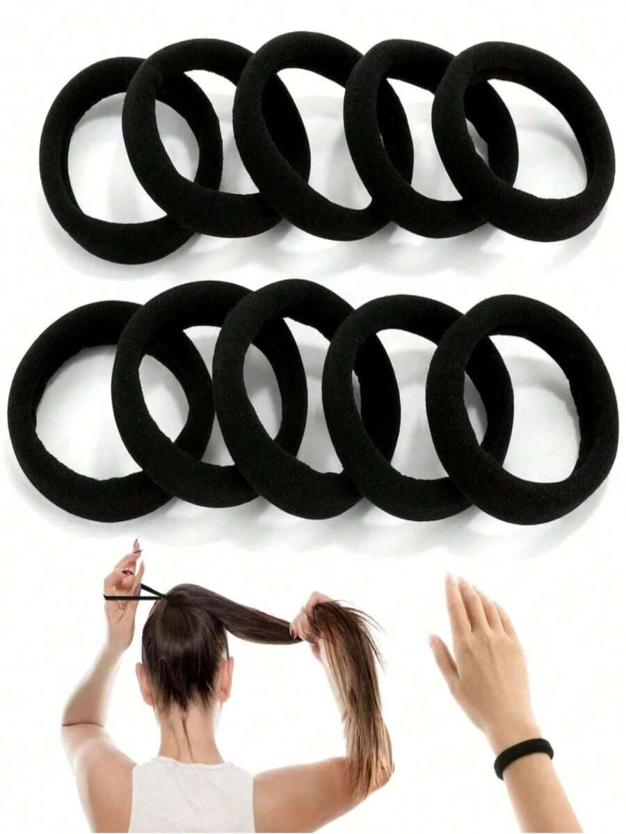 100 piezas/paquete Lazos de cabello negros grandes, bandas de cabello gruesas sin costuras, adecuadas para niñas, sujetadores de coleta elásticos, no dañinos, aptos para cabello grueso y rizado, accesorios para el cabello, bandas de goma - Negro - Ver 1